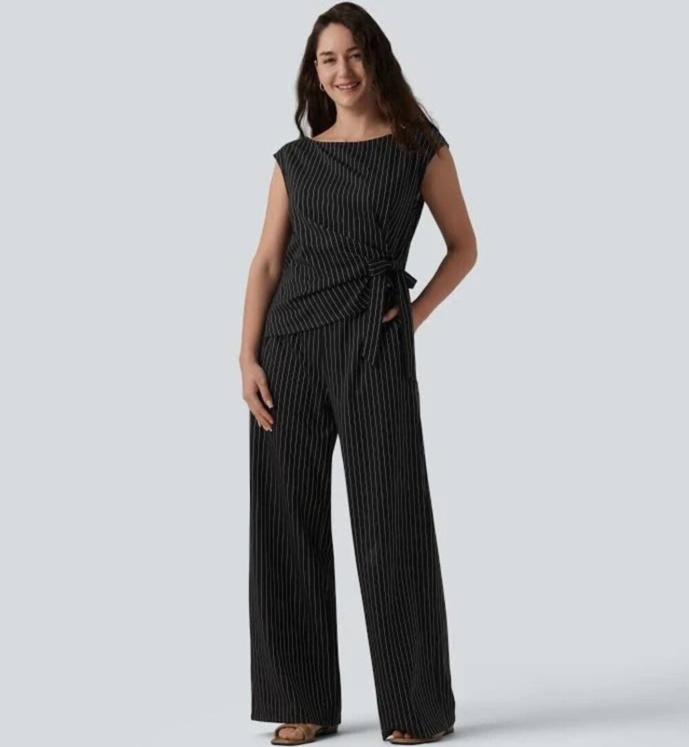 Halara Sleeveless Pinstripe Straight Leg Jumpsuit Pockets Women's L Tall Black